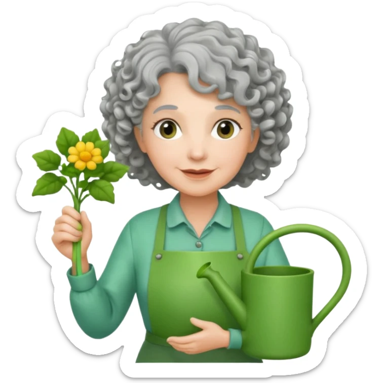 Older female florist – curly hair, hold garden watering pot sticker