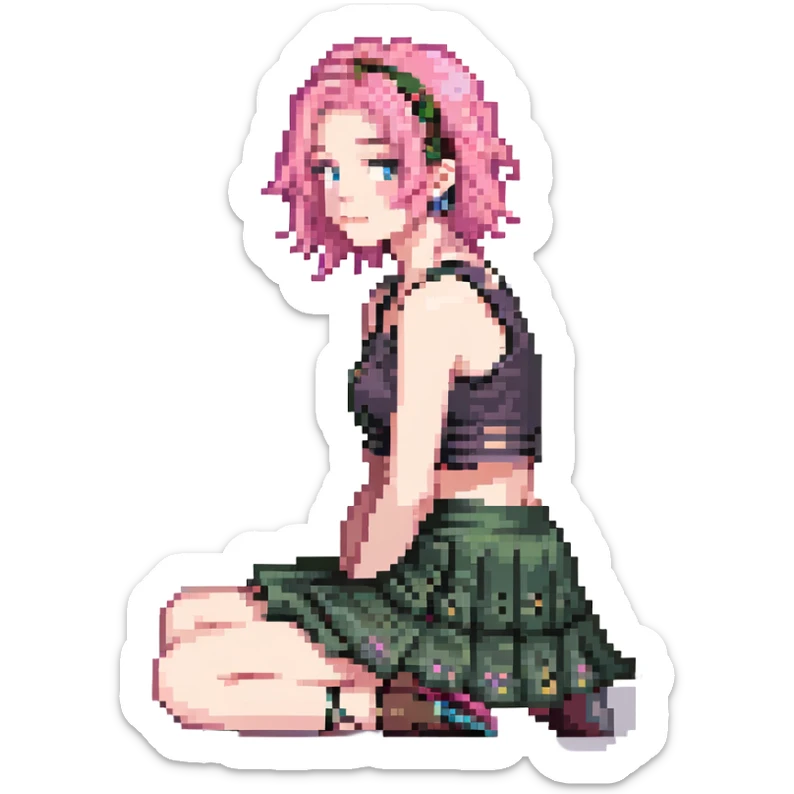 A girl with pink hair, wearing a skirt, sitting sideways on her leg, wearing a crop top, vibrant colors sticker