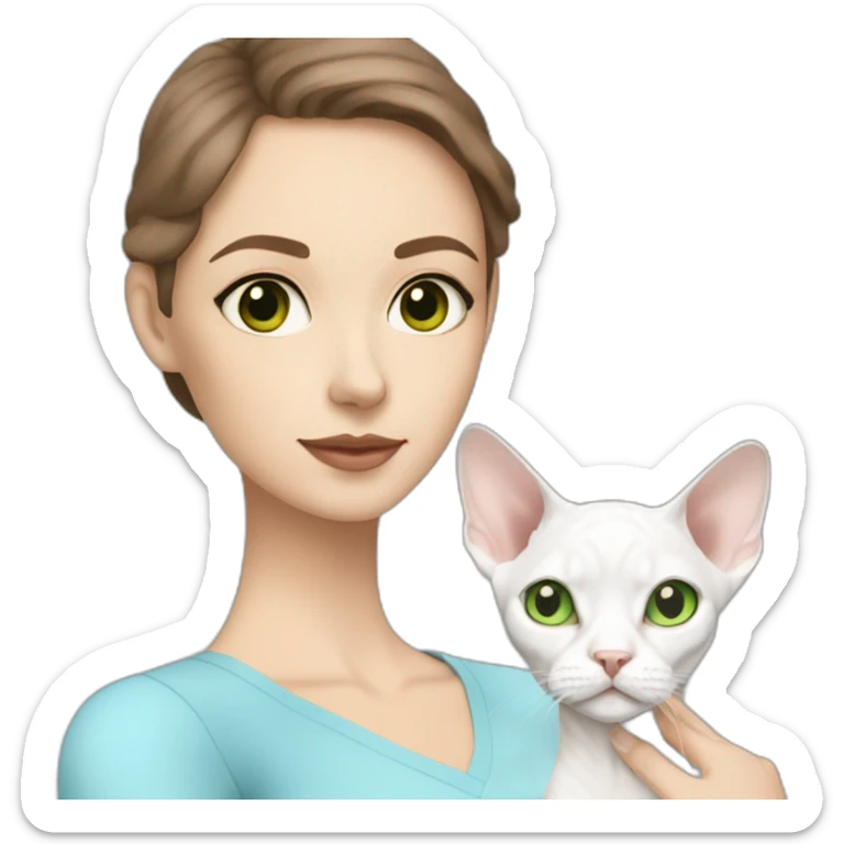 White brunette woman with green eyes and bob hair holding slim white devon rex with light blue eyes sticker