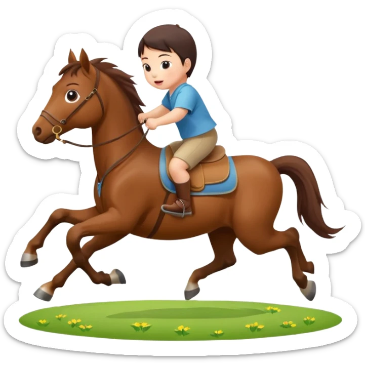 l little chinese baby riding on a  cute horse running really fast on the grass with 2026 year's label sticker