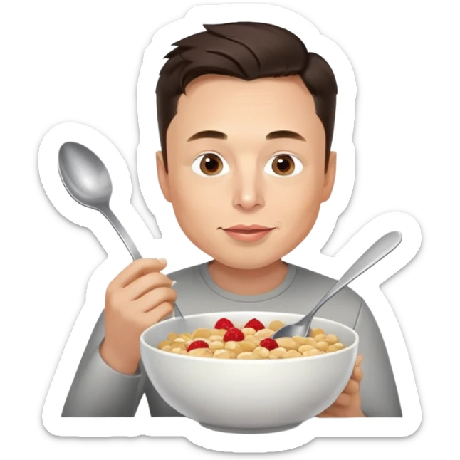Elon Musk eating a bowl of cereal, man with short dark hair eating cereal from a bowl with a spoon sticker