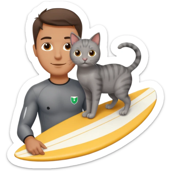 Create an emoji of an Italian guy surfing with a grey cat on his shoulder sticker