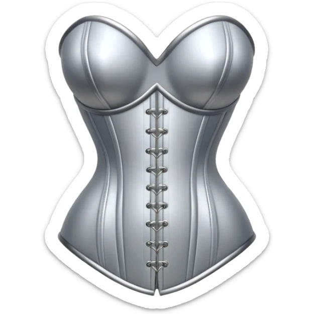 A luxury corset emoji made of silver chrome, smooth metallic curves, minimal fashion silhouette, glossy reflections, sensual high-end aesthetic, iOS emoji style, centered, clean white background sticker