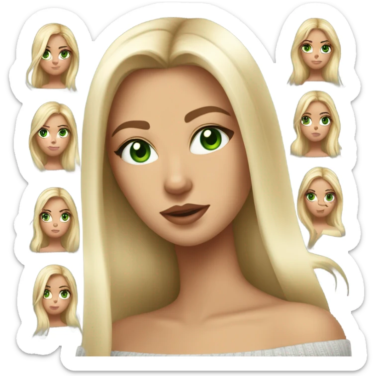 blonde girl with green eyes, smooth skin, off shoulder sweater, long blow out hair, baddie sticker