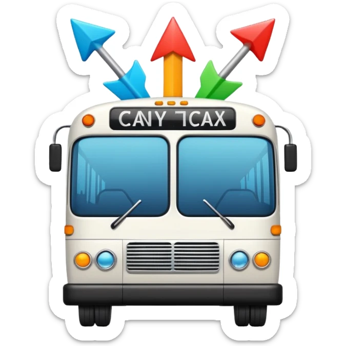 a sleek bus and three colorful arrows leading to city symbols, Apple emoji style sticker