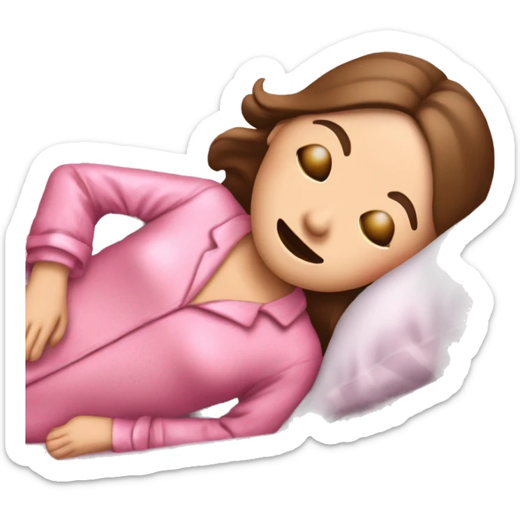 White skinned girl with brown hair wearing pink silk pyjamas and wearing a ￼pink sleeping eye mask sticker