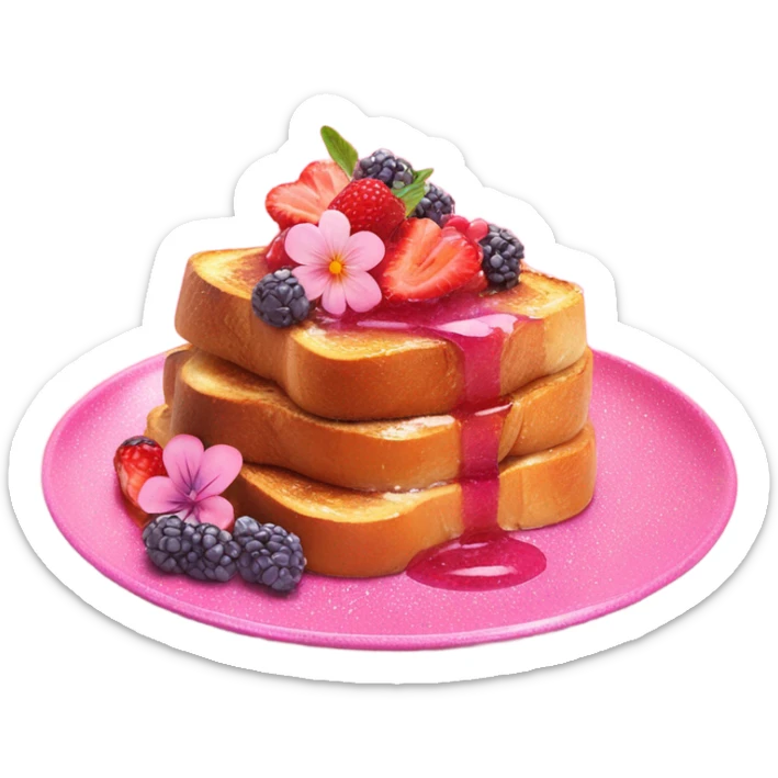 French Toast with pink syrup garnished with flowers and fruit on a pink glitter plate sticker