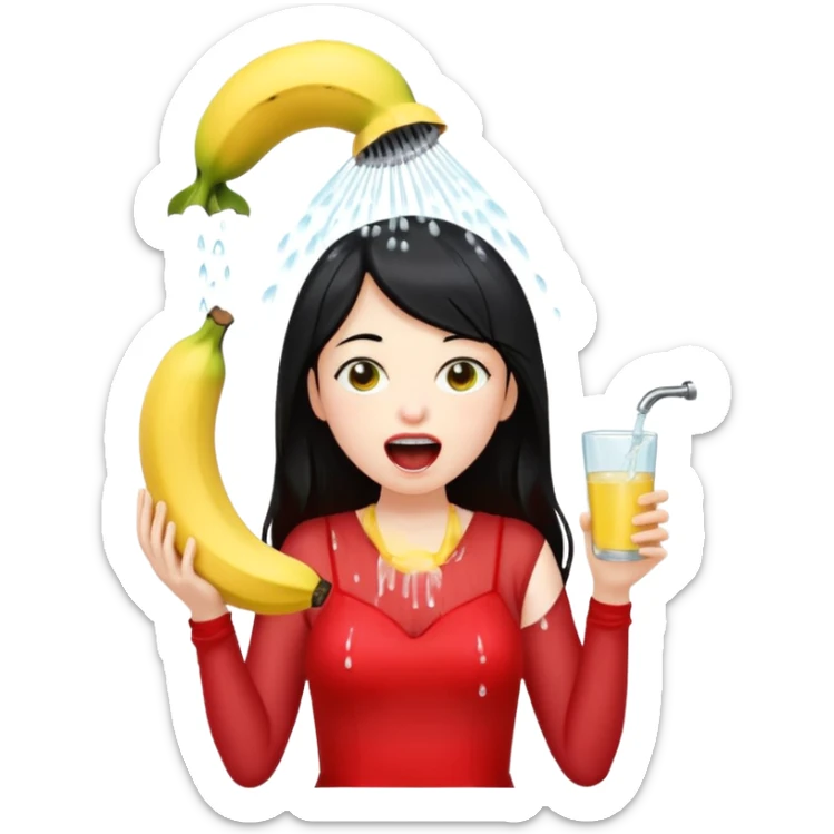 a girl with black hair and red dress with opened mouth drinking pale yellow water coming out from a shower looking like a banana above her head sticker