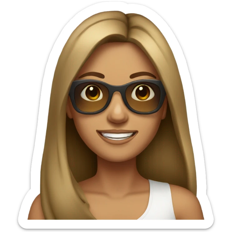 Woman with brunette long hair tan skin sunglasses and smiling sticker