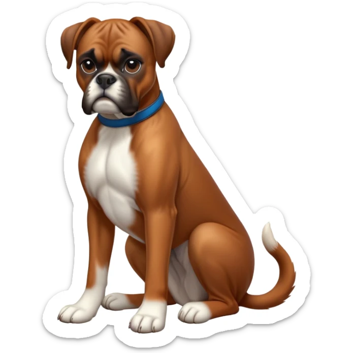 cinematic-[boxer dog]-realistic-full-body-sitting-emoji,-tail-resting-loosely-beside-its-paws,-head-tilted-dramatically,-sleek-[brown]-fur,-simplified-yet-realistic-focused-features,-highly-detailed,-glowing-with-an-almost-sarcastic-glow sticker