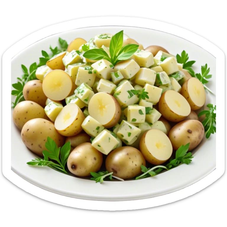 Cinematic Realistic Kartoffelsalat Dish Emoji, showcasing a traditional potato salad with fresh herbs and tangy dressing rendered with lifelike detail and vibrant, natural lighting. sticker