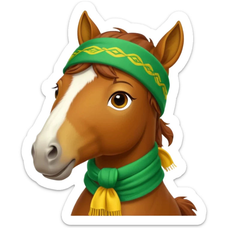 a fabulous funny winter horse in a green bandana hat with a yellow scarf sticker