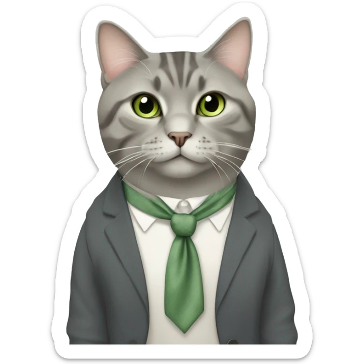 Aesthetic fat grey tabby British short hair full body cat with sage green bow tie sticker