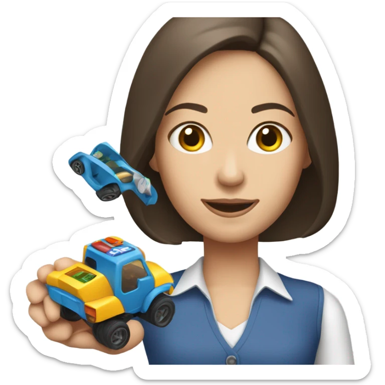 A white brunette woman who playing with the toys cars, and the word “Ok” at the top sticker