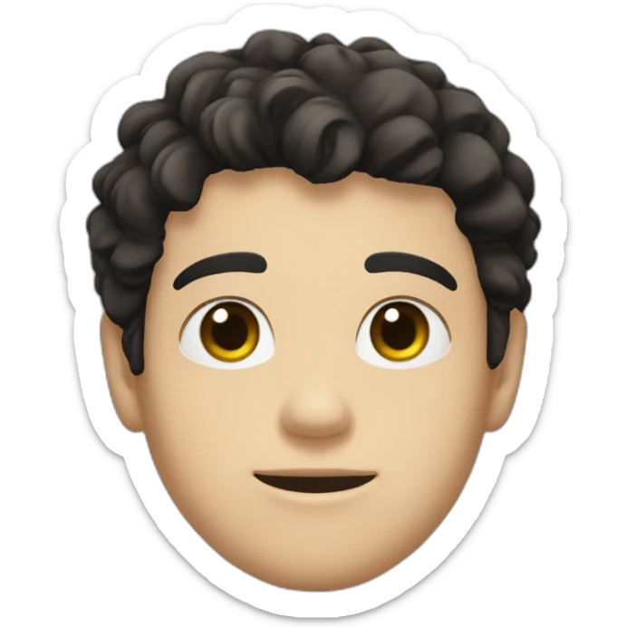 A 24 year old white male with black hair that is short and shaggy, light brownish greenish eyes, square face with a mildly feminine vibe sticker