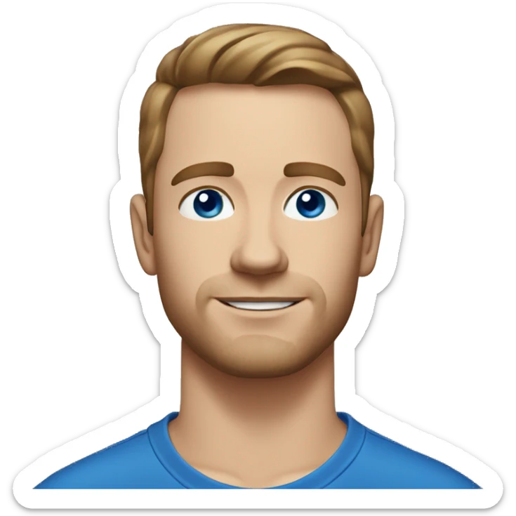 A head and shoulders shot of a 32 year old white man, with short brown hair,   with blue eyes wearing a t-shirt. sticker