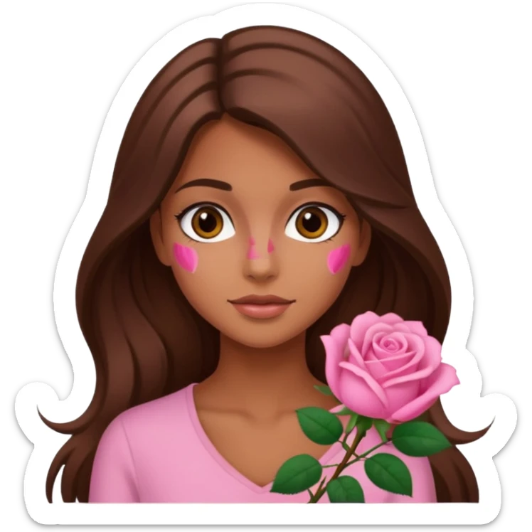 A tanned girl's face waved long brown hair with pink rose sticker
