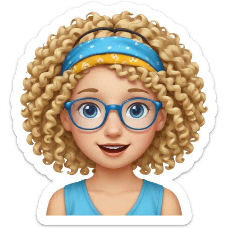 blond kid with unique face features and very curly hair kid girl happy and big glasess and big nose and very blue eyes and headband with freckles sticker