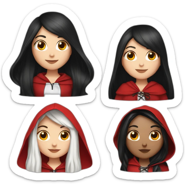 White girl long straight black hair with white streak hair and red ridding hood sticker