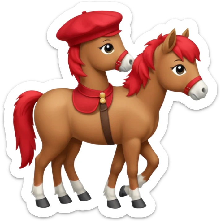 A cute pony (horse) emoji, full body, standing in side view, wearing a stylish red beret. sticker
