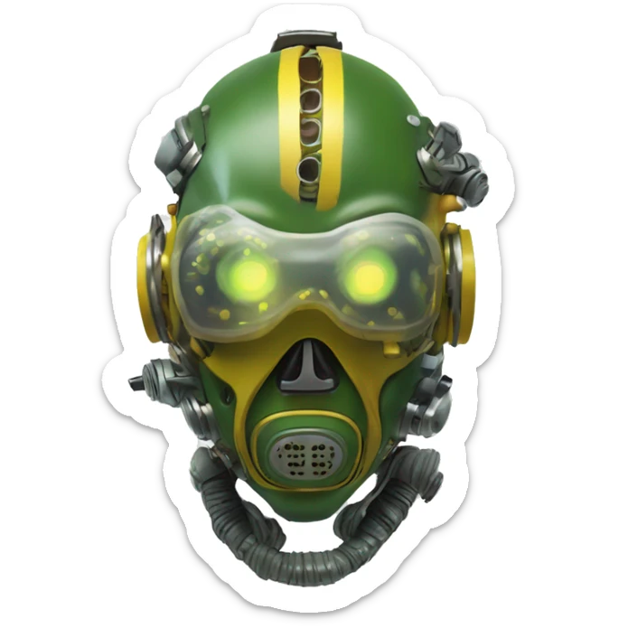 Green skin cyborg head with dark yellow Mohawk, white respirator mask and circuitry sticker