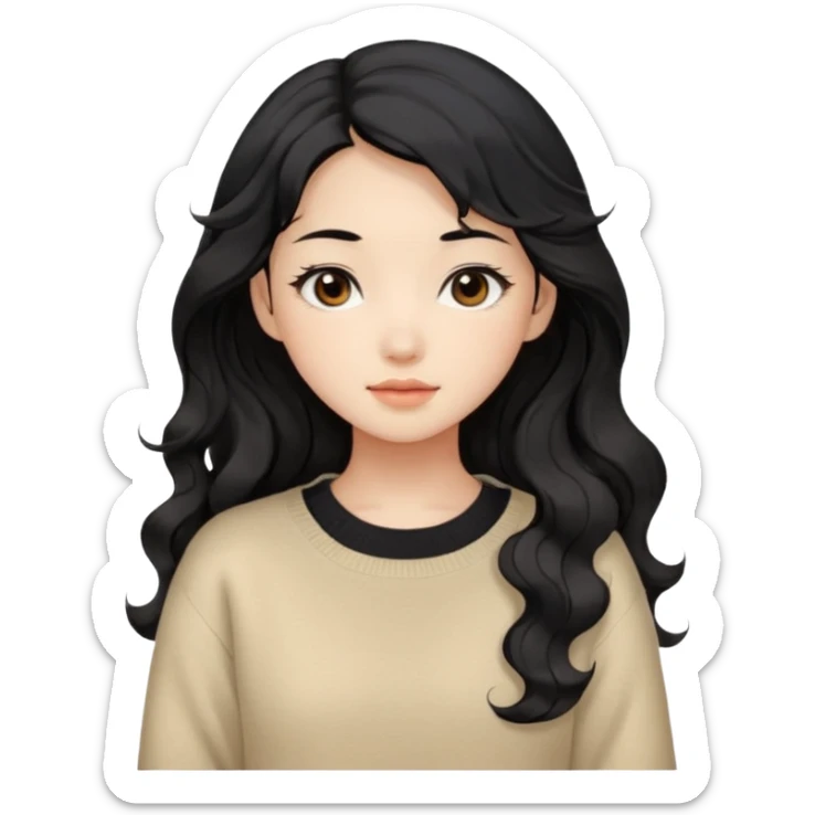 Beautiful girl,Black hair, wavy long hair,Black eyes,Chinese, beige sweater  sticker
