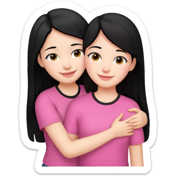 Two girls with black hair, one wearing white shirt and the other is pink shirt, hugging each other sticker