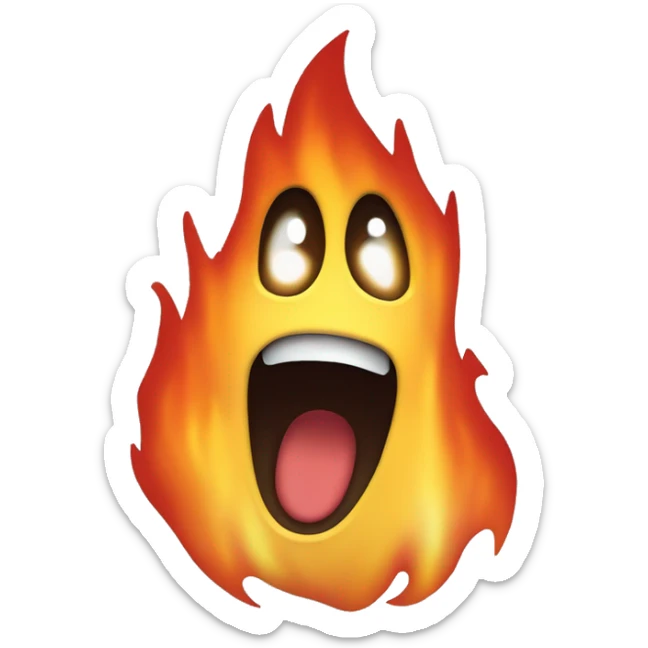 A shocked screaming face on the shape of the fire emoji, using the colours of the ghost emoji sticker