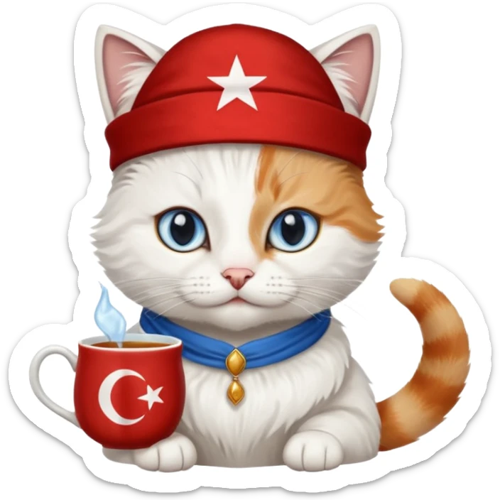 Arkasında Türk bayrağı olan  ve çay içen kafasına fes takan bir van kedisi sticker