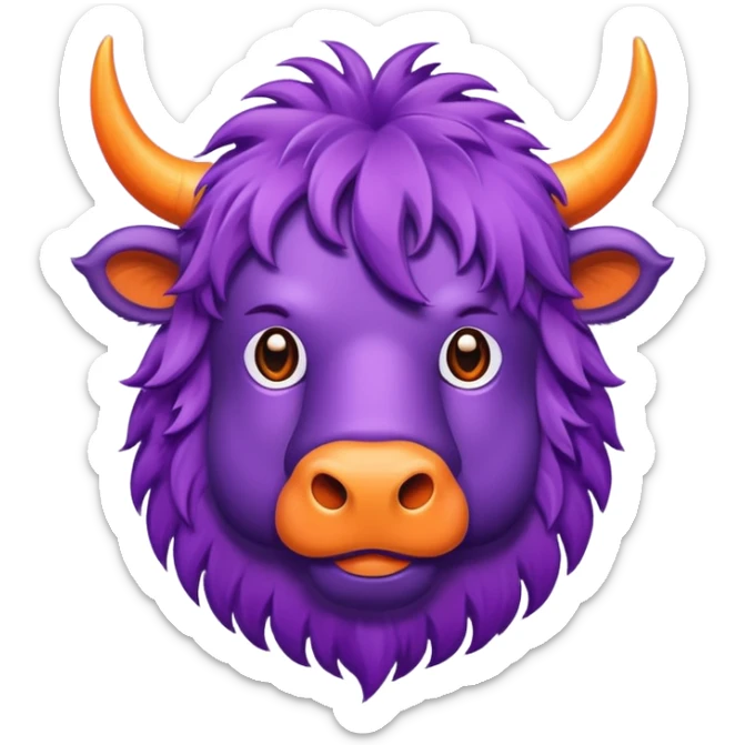 a purple yak Head with pieces of orange paper hanging in his head sticker