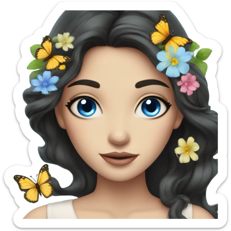 Gorgeous dark-hair lady blue eyes with flowers and butterflies sticker