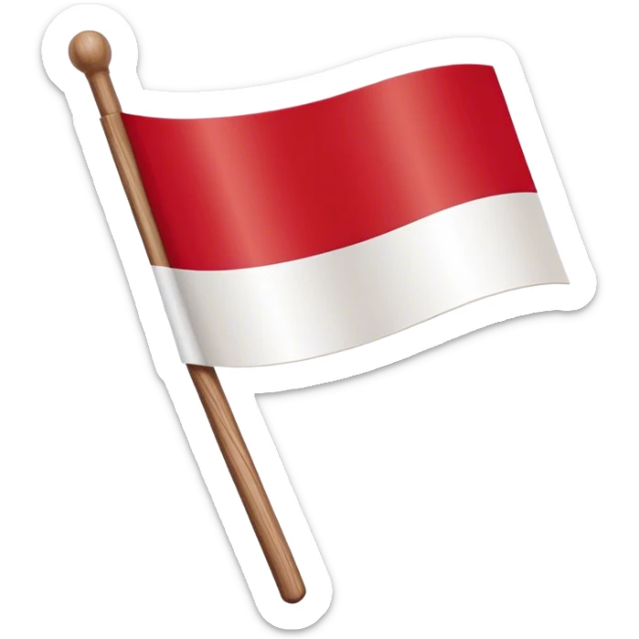 "A simple Polish flag on a wooden stick, waving slightly in the wind. The flag has two horizontal stripes: white on top and red on the bottom. The stick is light brown, made of wood, and slightly tilted to the right. The background is plain white sticker