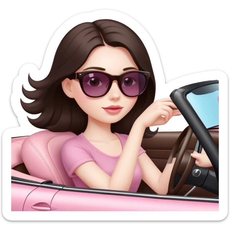 Pretty girl with long dark brown hair and pale skin wearing sunglasses driving convertible car with light pink interior. In the style of apple emoji sticker