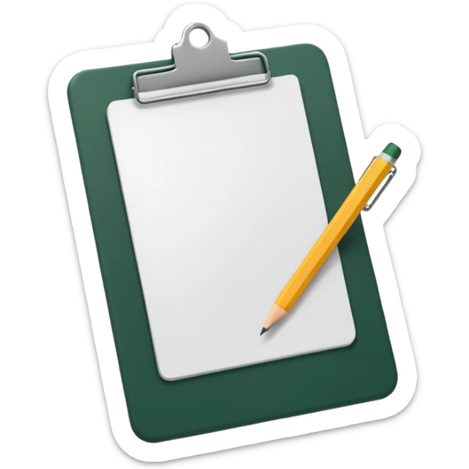 white sheet of paper with dark green clipboard, pencil at an angle, iOS emoji style, minimalism sticker