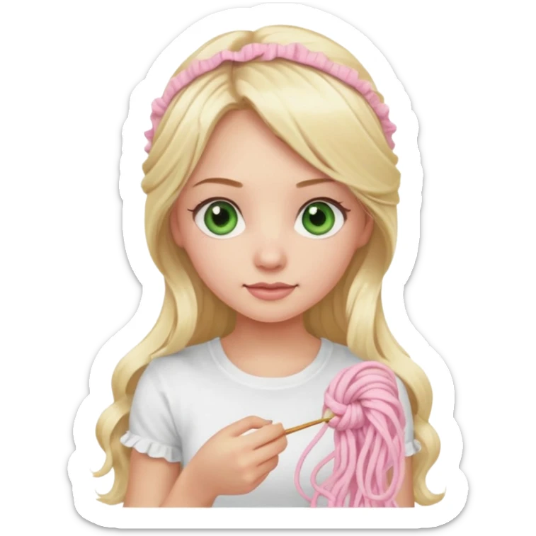 Knitting girl, blonde, long hair, light green eyes, the tshirt is white with ruffles, cute, the yarn is light pink sticker
