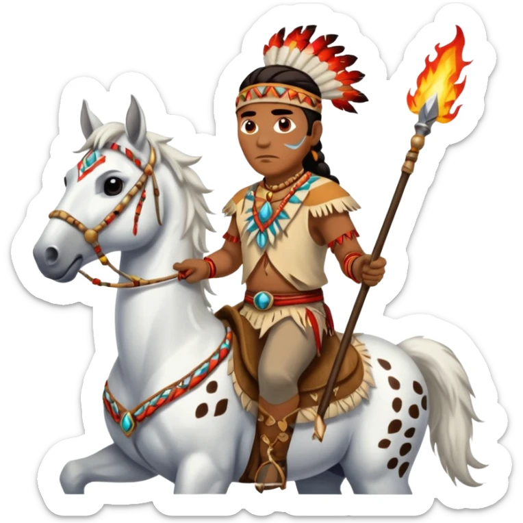 Male Chief Osceola wearing traditional Seminole garb and face paint , riding a white Appaloosa horse while holding a Native American spear that has feathers on tail and flames on spear head sticker