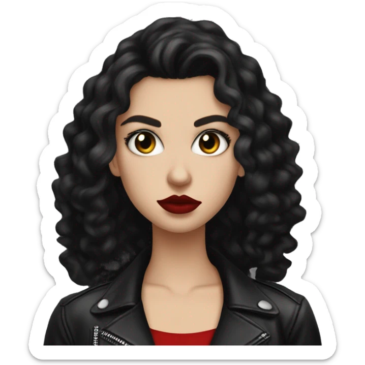 White girl, with long curly black hair, with red lipstick, black winged eyeliner, wearing black shirt and black leather jacket, rolling her eyes in annoyance  sticker