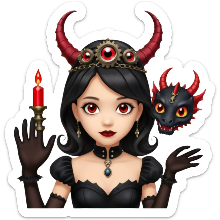 Lavish black evening gown with see-through gloves, Jenna Ortega as Addams woman wearing a steampunk mini tiara, very large blood red evil-looking horned old dragon evil eyes  sticker