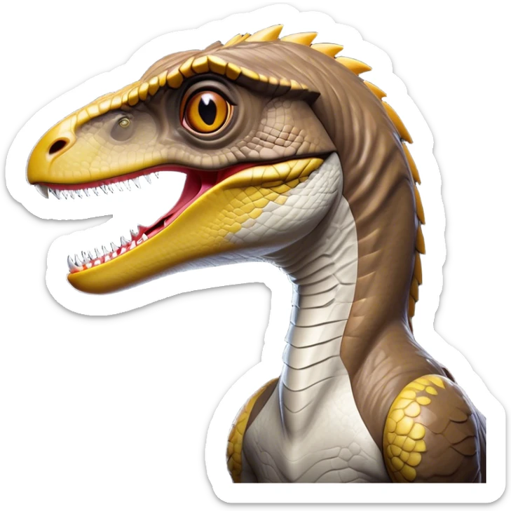 Cinematic Noble Velociraptor Portrait Emoji, Poised and agile, with a slender, streamlined build, sharp, cunning eyes, and a sleek snout hinting at predatory precision, Simplified yet sharply defined features, highly detailed, glowing with a cool, dynamic radiance, high shine, intelligent and swift, stylized with an air of agile prehistoric grace, focused and alert, soft glowing outline, capturing the essence of a watchful and confident Velociraptor that appears ready to dash out of the screen with effortless speed! sticker