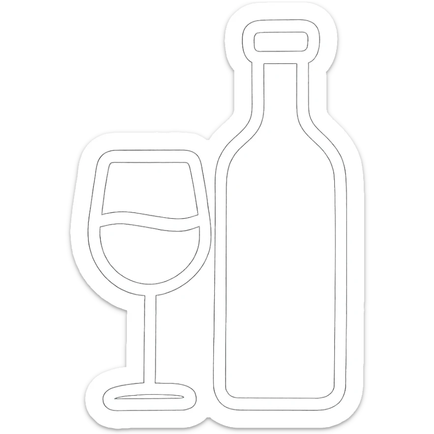 hand-drawn outline icon of a glass of wine and a wine bottle, white color only sticker