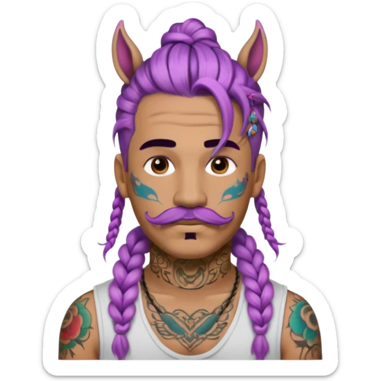 big lose braids starting from the top sides of the head hair like a unicorn man with mustache face wiith big visible loose only two braids and lots and lots of colored face tattoos colored tattoos like a tattoo artist hair unique color sticker