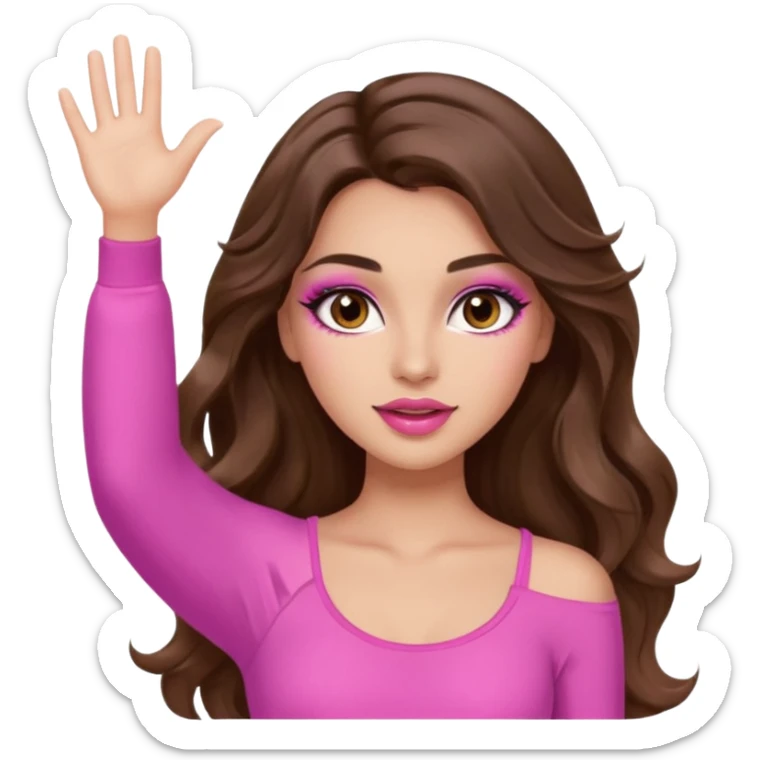 girl with long wavy brown hair, brown eyes, long lashes makeup, sexy pink lips, light to medium complexion, wearing a pink sexy top, one hands in the air high sticker