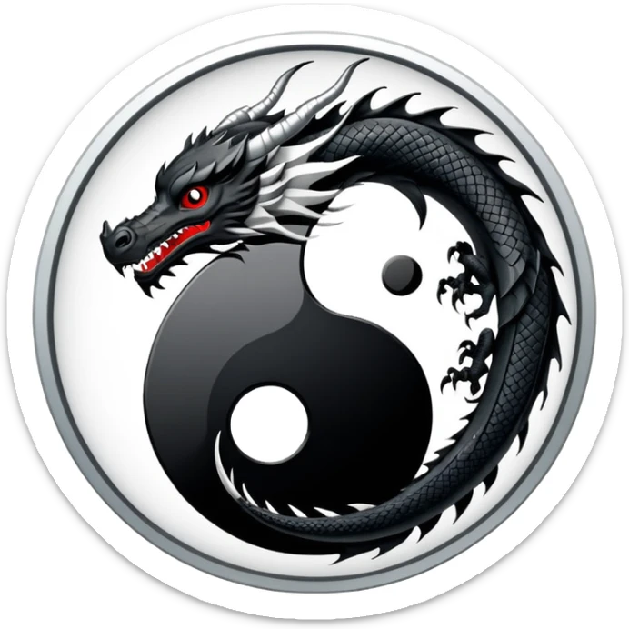 An icon symbolizing Eastern martial arts in the style of an emblem, featuring a black-and-white Yin-Yang symbol and a dragon at the center, surrounded by elements like a dojo. Transparent background highlights balance and power. sticker