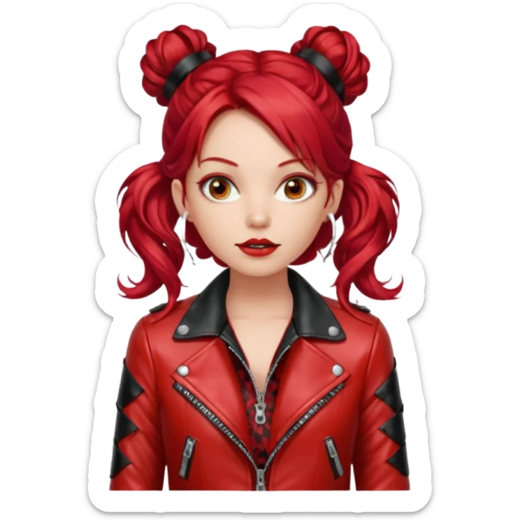 A woman with strikingly long, wavy, vibrant red hair, which is styled with two small buns on top of her head. She is wearing a shiny red leather jacket over a red top with a black patterned trim. She's gagged sticker