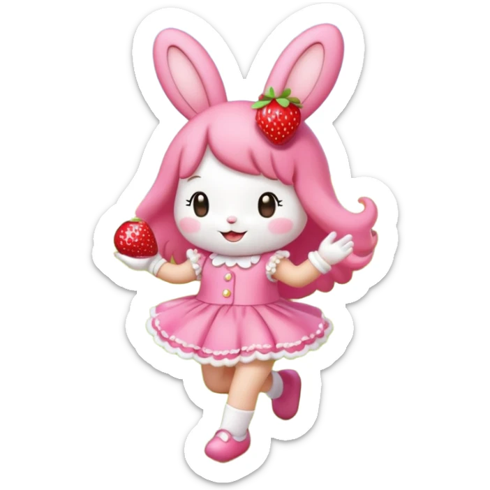 My melody dancing in a meadow of flowers while eating a strawberry sticker