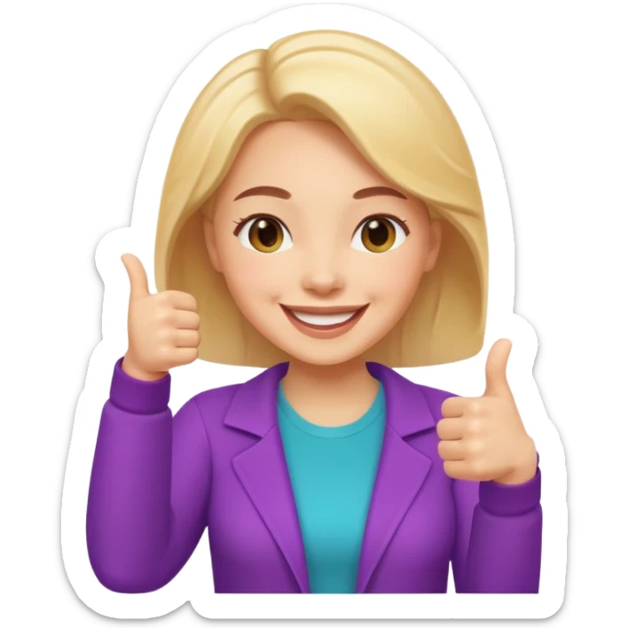 joyful female character giving thumbs up, symbolizing good mental health and happiness, vibrant colors, friendly face, iOS 18 memoji style sticker