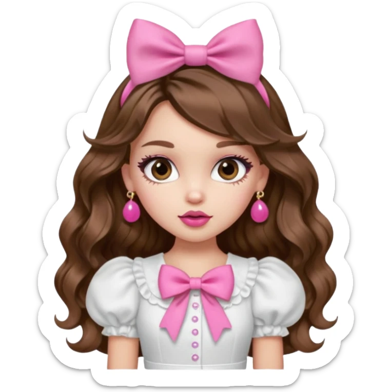 generate a pretty bratz girl in a white puff sleeve top. Pink lipgloss. Brown wavy hair long. Bow pink earrings sticker