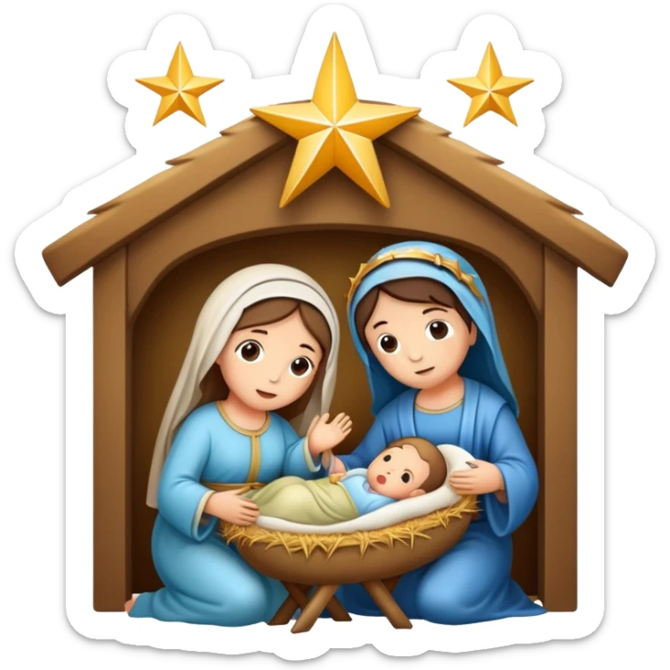 Nativity scene with baby Jesus in a manger, Mary, Joseph, and star above sticker