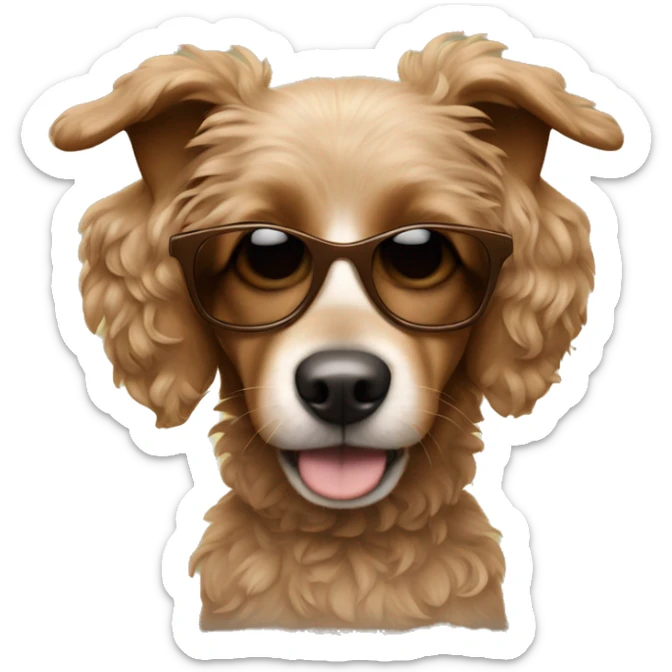 a little brown dog with curly fur wearing sunglasses and listening to music  sticker
