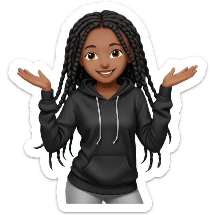 African American girl dark skin complextion long black box braids wearing plain black hoodie dancing sticker